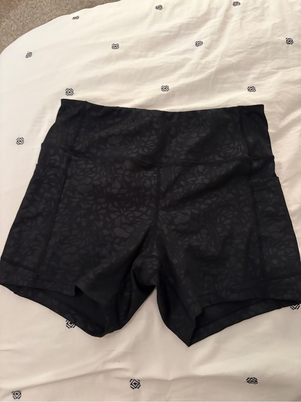 High-Waist Black Floral-Texture Bike Shorts